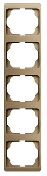 Ein vertikaler, brauner, fünffach-Rahmen für Schalter oder Steckdosen mit fünf quadratischen Öffnungen zur Installation, konzipiert für die Wandmontage.