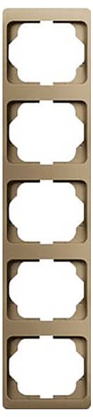 Ein vertikaler Wandplattenschutzrahmen mit fünf Schlitzen in Bronzefarbe, entworfen zum Halten mehrerer Steckdosen.