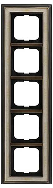 Ein vertikaler Satz aus fünf leeren rechteckigen Rahmen, umrandet mit metallischer und hölzerner Oberfläche, angeordnet in einer einzelnen Spalte.