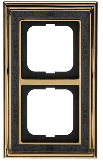 Eine dekorative Doppelschalterblende mit einem kunstvollen schwarz-goldenen Design, das aufwendige Bordüren und leere Schalteröffnungen aufweist.