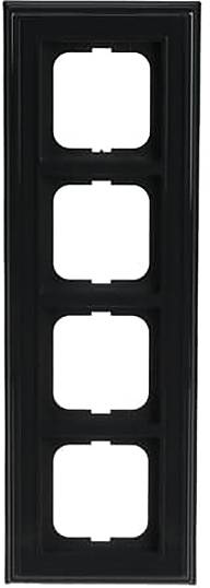 Ein schwarzer vierfach Schalterrahmen mit vier quadratischen Öffnungen zum Einbau von Schaltern oder Steckdosen.