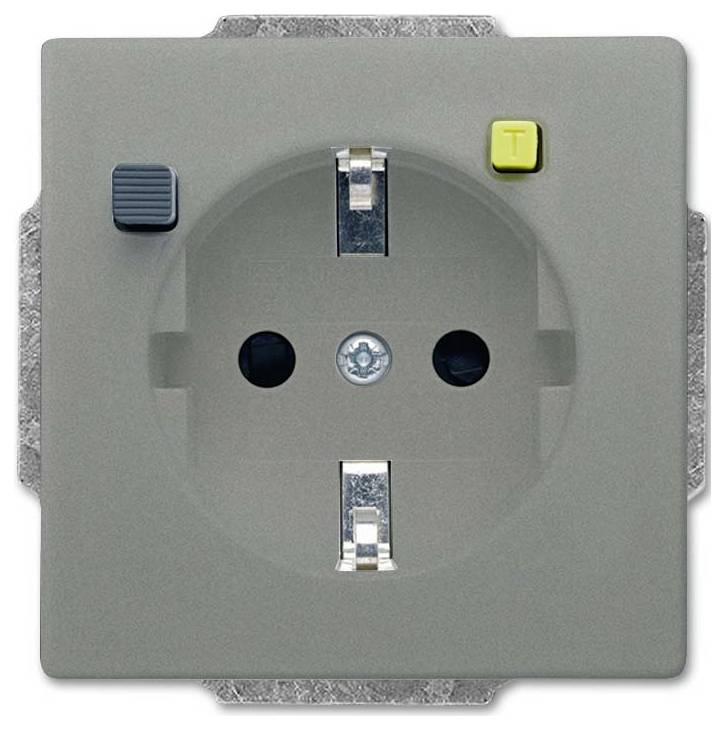 Eine graue europäische Steckdose mit blauen und gelben Knöpfen in den oberen Ecken, entworfen für Elektrostecker zur Verwendung im Haushalt.