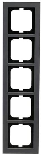 Schwarzes vertikales Panel mit fünf quadratischen Ausschnitten für Steckdosen oder Schalter.