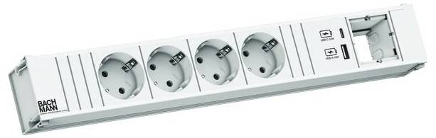 Steckerleiste mit vier europäischen Steckdosen, zwei USB-Anschlüssen und weißem rechteckigem Design für Stromverbindungen und Geräteladung.