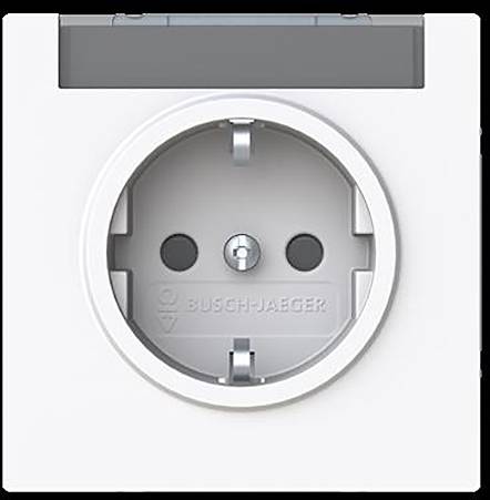 Eine weiße elektrische Wandsteckdose mit zwei runden Stiftlöchern und einem Erdungsloch in der Mitte.