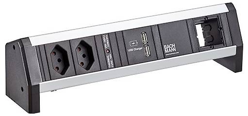 Eine Steckdosenleiste mit zwei Elektrosteckdosen, zwei USB-Anschlüssen und einem leeren Platz für zusätzliche Komponenten.