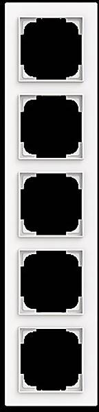 Fünf leere weiße Schalter- oder Steckdosenrahmen vertikal übereinander an einer Wand angebracht.