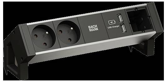 Bachmann-Steckdosenleiste mit zwei europäischen Steckdosen, zwei USB-Anschlüssen mit der Bezeichnung „USB Charger