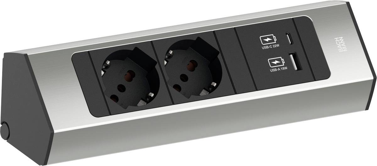Ein silber- und schwarzer Steckdosenleiste für den Schreibtisch mit zwei europäischen Steckdosen und zwei USB-Ladeanschlüssen.
