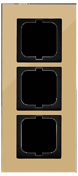 Ein vertikales Panel mit drei leeren quadratischen Aussparungen, konzipiert für die Installation von Schaltern oder Steckdosen, umgeben von einem beigefarbenen Rahmen.