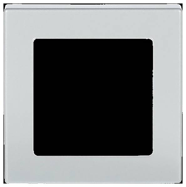 Ein metallischer quadratischer Rahmen mit einem zentralen schwarzen Ausschnitt, möglicherweise für eine Lichtschalter- oder Steckdosenabdeckung.
