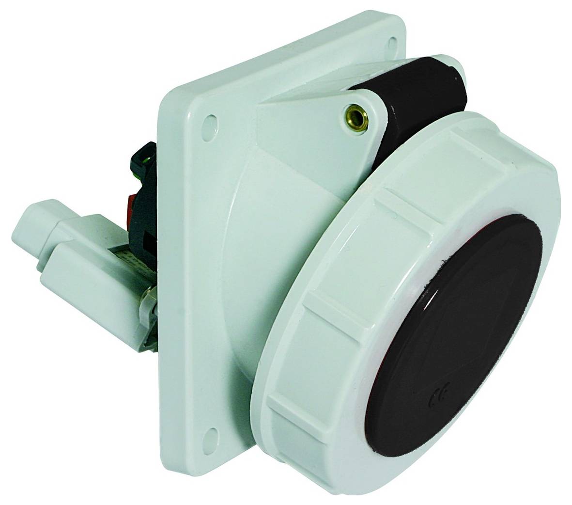 Stromversorgungssteckdose mit zylindrischem Design und Montageplatte, ausgestattet mit Schutzkappe. Geeignet für Industrieanwendungen.