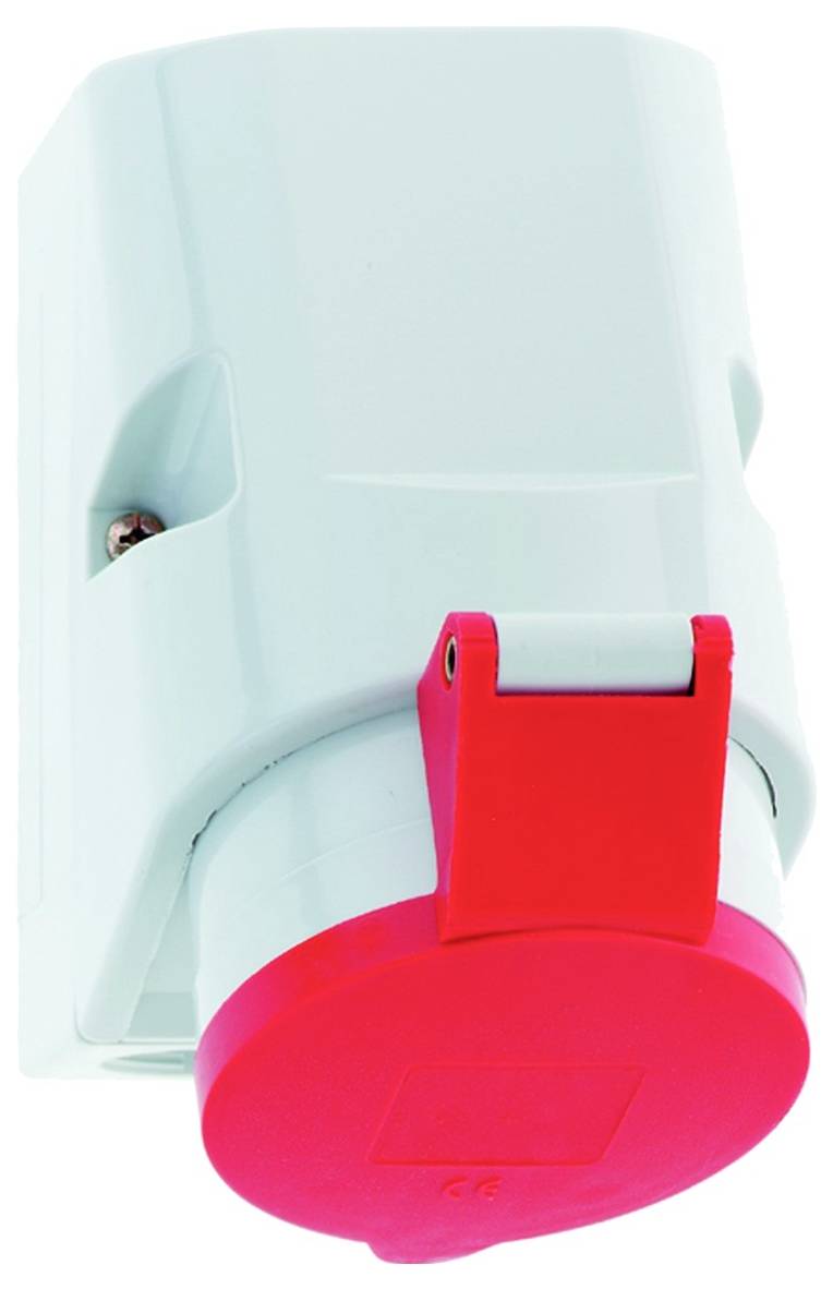 Hellblaue Industriesteckdose mit rotem Schutzdeckel, verwendet für elektrische Verbindungen, nach oben geneigt.