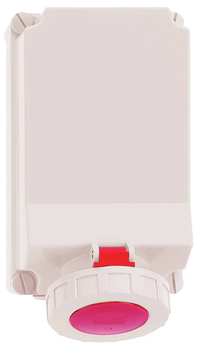 Ein rechteckiges beiges Elektrogerät mit einem prominenten roten Knopf unten.