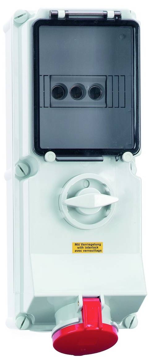 Industrieschalter mit rotem Notausschalter und Schutzabdeckung, konzipiert zur Steuerung der Stromversorgung.