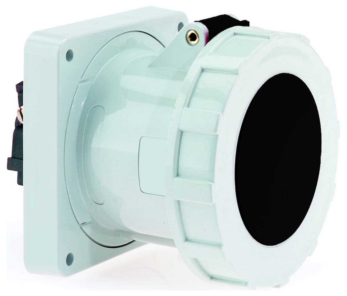 Eine runde, hellblaue mechanische Komponente mit großem schwarzem kreisförmigen Zentrum und Flanschbefestigung, Seitenansicht.