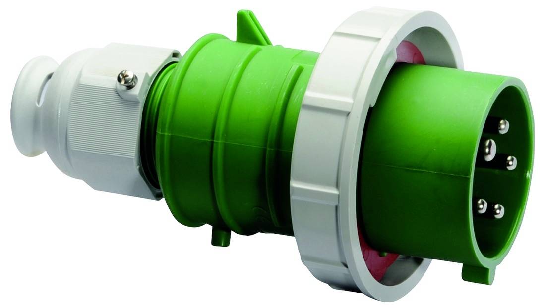 Ein grüner industrieller Stecker mit weißem Gehäuse, der mehrere Metallkontakte zur Verbindung zeigt.