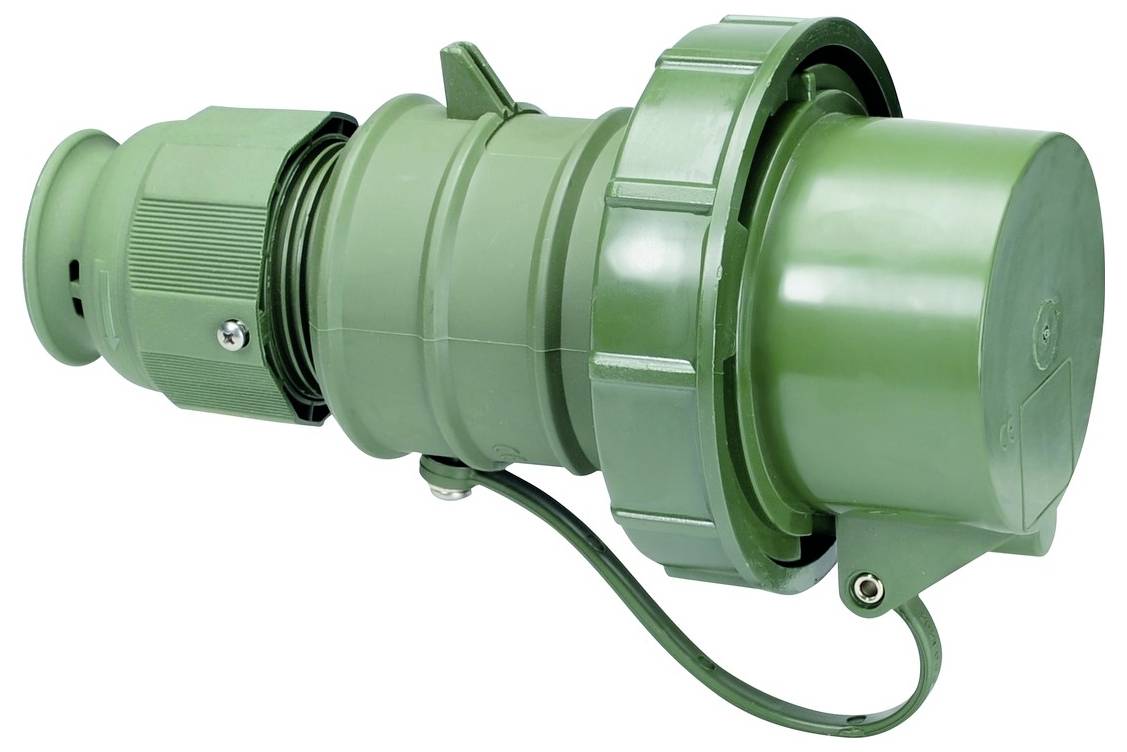 Ein grüner Industriestecker mit zylindrischer Form und Verriegelungsring liegt auf weißem Hintergrund.