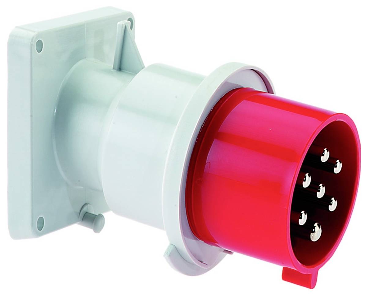 Ein roter industrieller Stecker mit mehreren Metallkontakten, entwickelt für Hochleistungsverbindungen. Er hat ein graues Gehäuse mit einer Montagebasis.