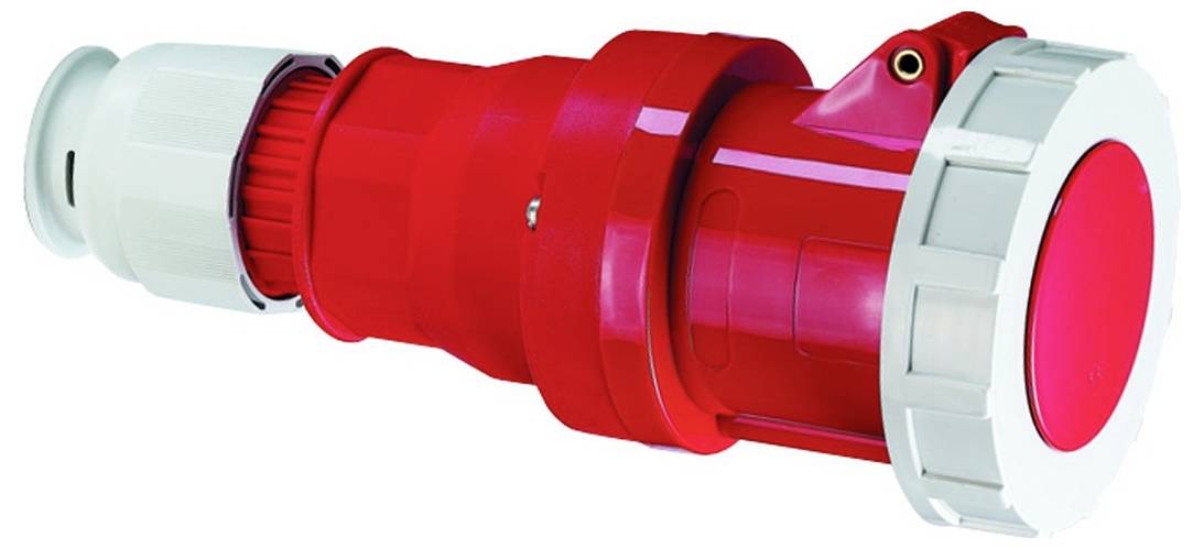 Ein roter Industriestecker mit kreisförmigem Design und einem Verriegelungsmechanismus, der für schwerlastige Elektroverbindungen in industriellen Umgebungen verwendet wird.