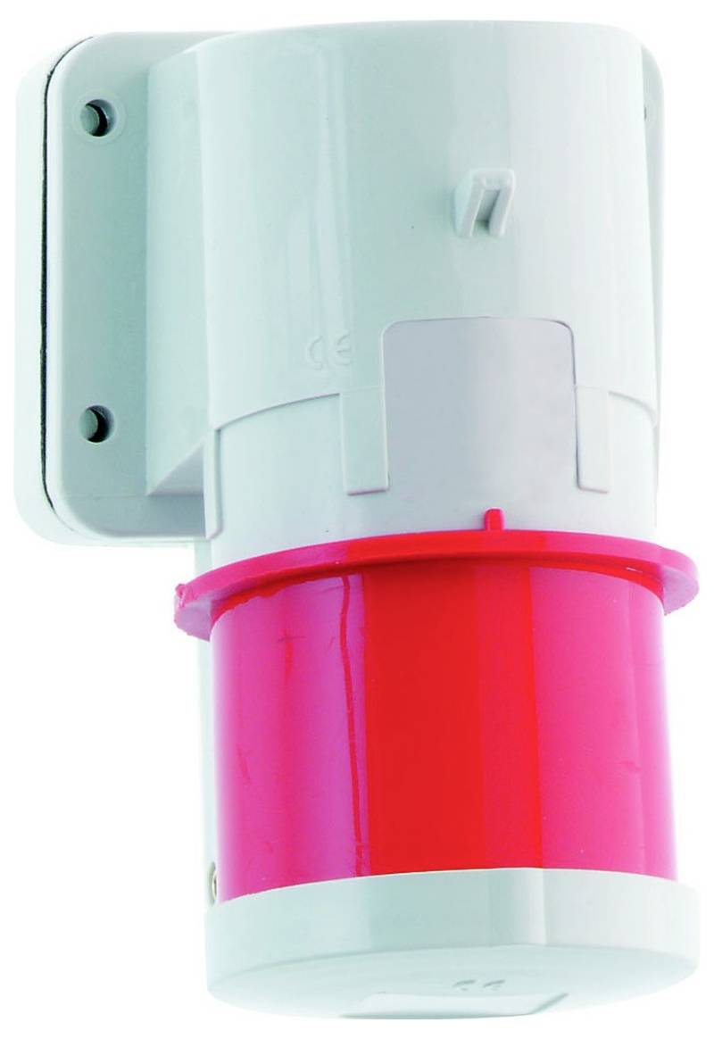 Eine wandmontierte elektrische Steckdose mit einer roten Steckerkomponente, die typischerweise in Industrieumgebungen verwendet wird.