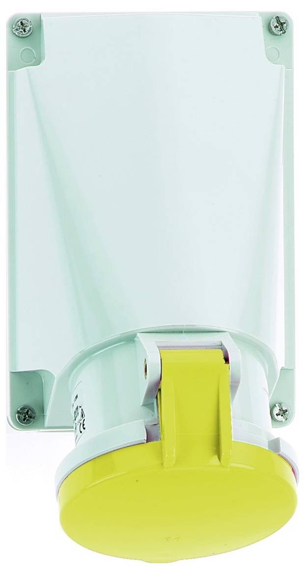 Ein gelber und grauer Elektrostecker, der auf einer hellenfarbigen Wand montiert ist.