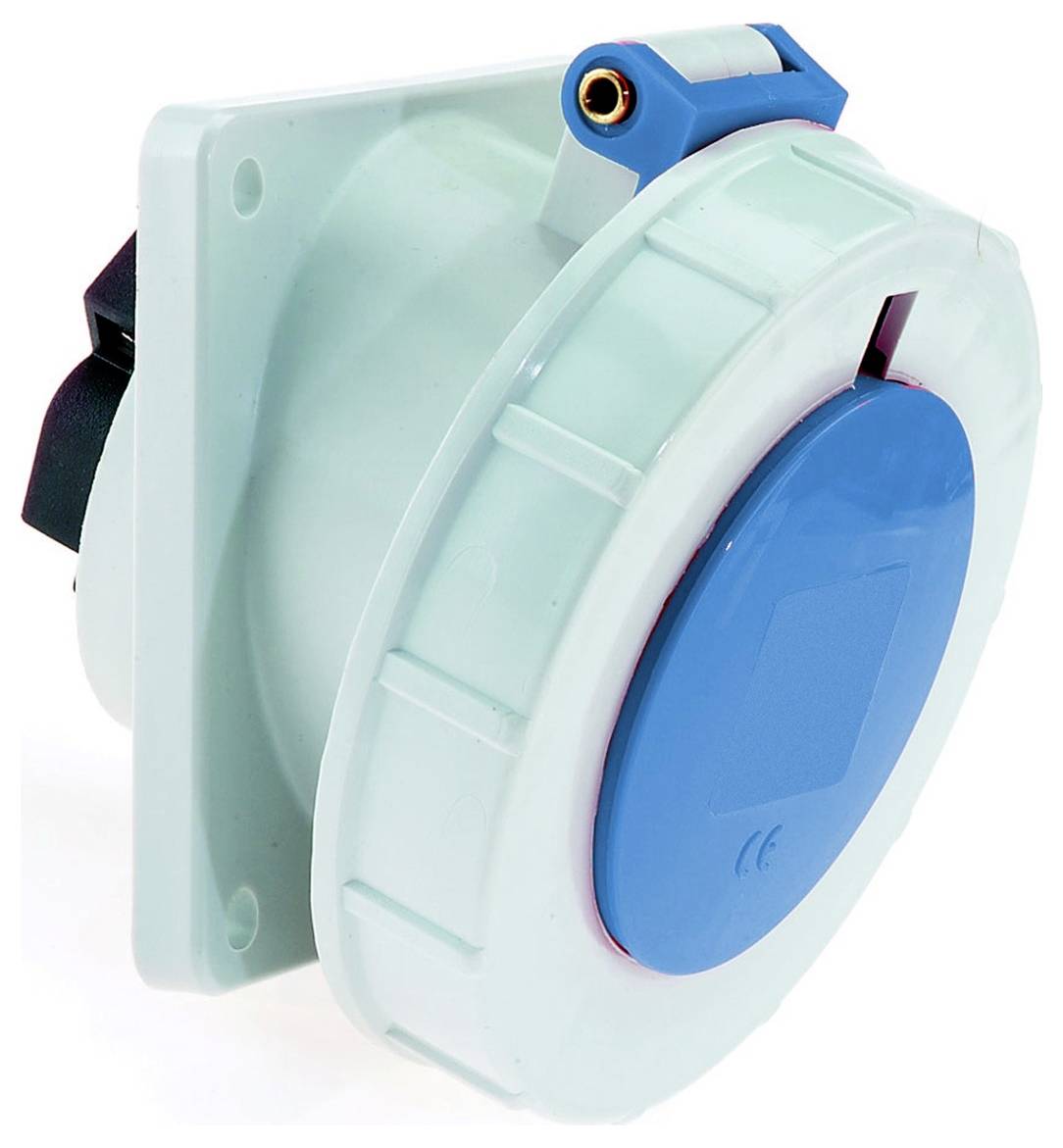 Eine runde, hellblaue Industrie-Steckdose mit blauem Schutzdeckel und Befestigungslöchern auf einer flachen Basis.