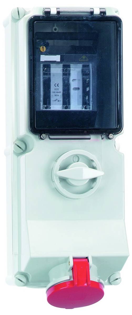 Ein elektrischer Schalter mit einer roten Sicherheitsabdeckung, mit einem transparenten Bedienfeld, das Leistungsschalter anzeigt, und einem runden Bediengriff.