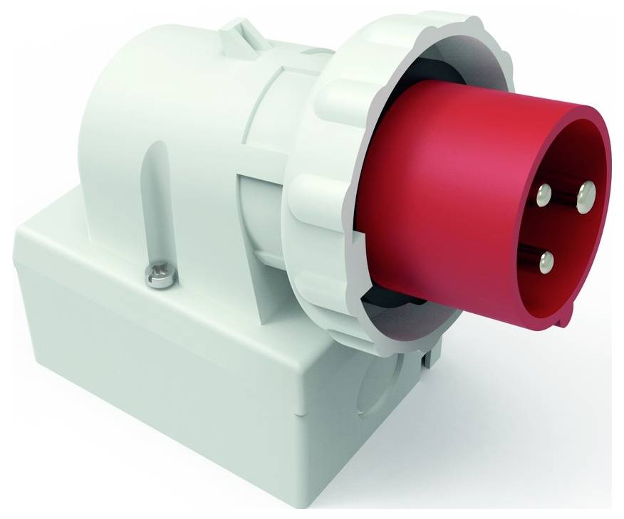 Eine Nahaufnahme eines roten Industriesteckers, der in eine graue Steckdose eingesteckt ist, die häufig für hochleistungsfähige elektrische Verbindungen in industriellen Umgebungen verwendet wird.