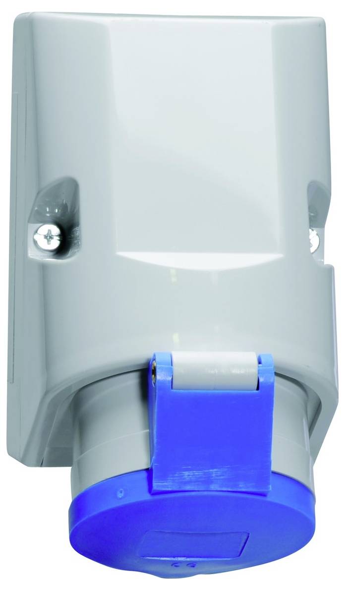 Eine graue Industrie-Steckdose mit blauer Schutzkappe, an einer Wand montiert, ausgelegt für robuste elektrische Verbindungen.