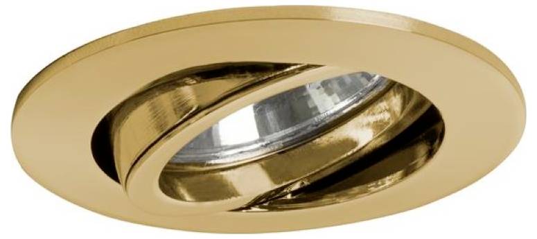 Runde, bündige Deckenleuchten-Blende in gebürstetem Gold mit schwenkbarem Innenring und reflektierendem Silberinterieur.