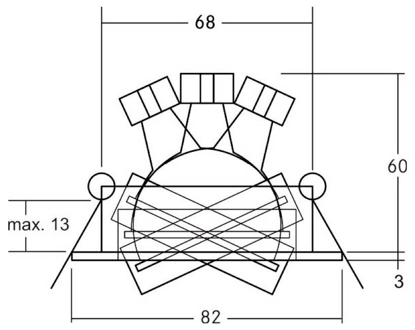 Technisches Diagramm einer mechanischen Baugruppe mit Bemessungslinien mit den Bezeichnungen 68, 60, 82, max. 13 und 3, das die Form des Teils und die Abstände zeigt.