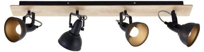 Vier einstellbare schwarze Spotlights, die auf einer Holzschiene montiert sind, in einer Reihe angeordnet und in verschiedene Richtungen ausgerichtet.