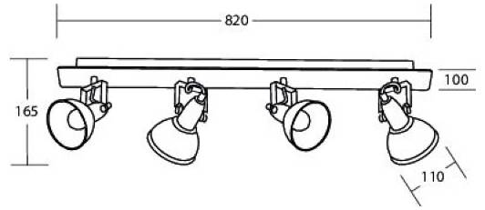 Diagramm einer Vier-Leuchten-Schienleuchte mit Gesamtabmessungen von 820 mm Länge, 165 mm Höhe, mit verstellbaren Lampenköpfen und Messwerten von 100 mm, 110 mm.