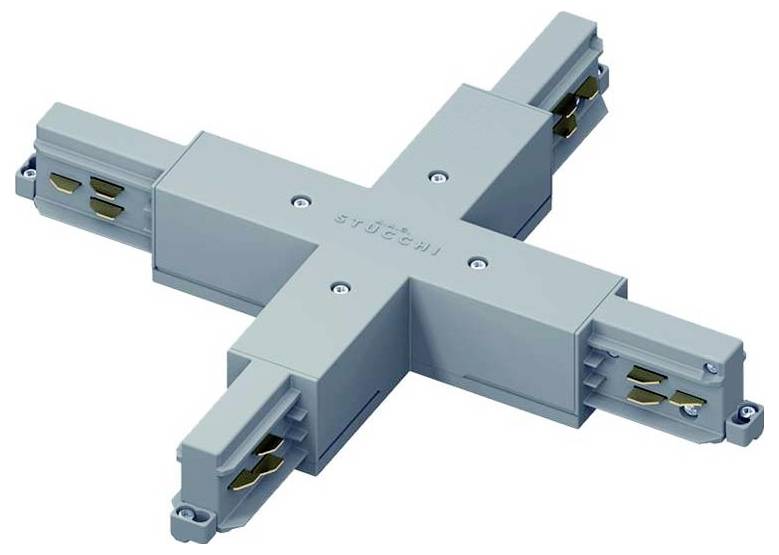 Grauer X-förmiger Schienenbefestigungsverbinder mit vier Enden zum Anschluss von Schienenelementen