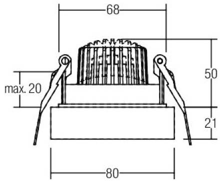 Technische Zeichnung einer eingelassenen Leuchte mit Federklammerhalterung, Breite 80, Oberbreite 68, Höhe 50 und maximale Klammertiefe 20.