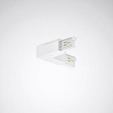 Eine weiße Metallhalterung mit Kabelmanagement-Funktion wird auf einem neutralen Hintergrund gezeigt. Sie unterstützt sowohl vertikale als auch horizontale Installationen.