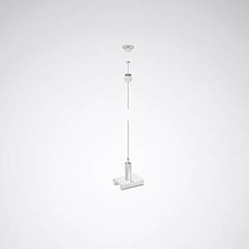 Eine minimalistische metallische Hängeleuchte mit weißem Baldachin, schlankem Stab und kleiner Leuchte vor einem schlichten grauen Hintergrund.
