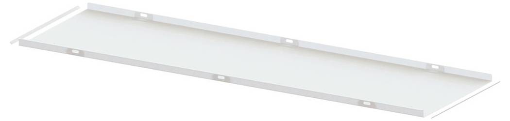 Ein flaches, rechteckiges weißes Regal mit kleinen Befestigungslöchern entlang seiner Kanten.