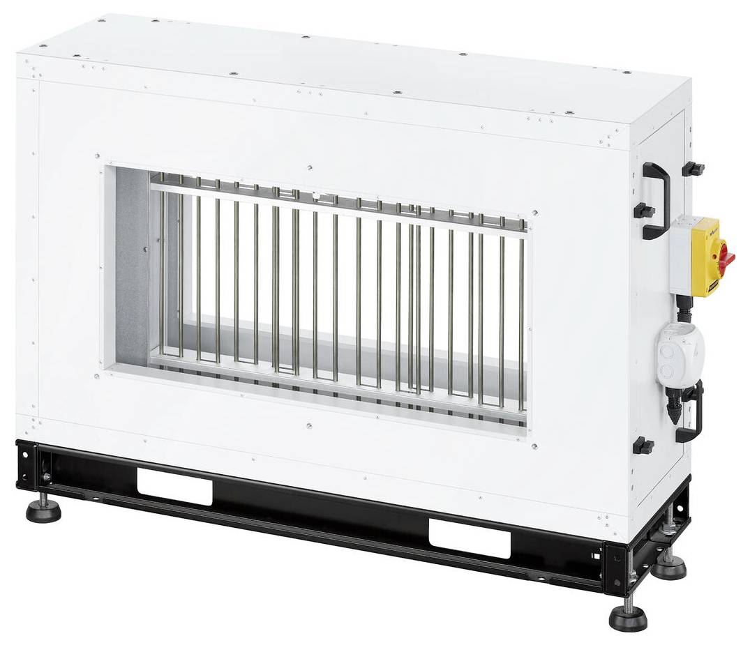 Ein weißer, rechteckiger industrieller Luftkanal mit verstellbaren Metalllamellen, montiert auf einer schwarzen Basis mit Bedienfeld auf der Seite.