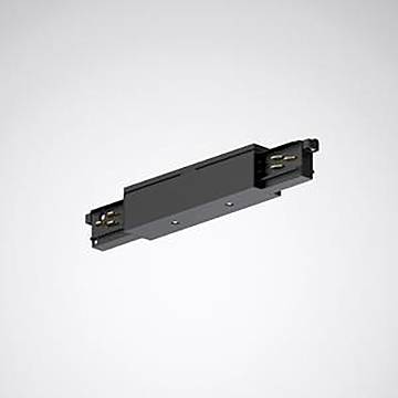 Ein schwarzer, rechteckiger Schienenscheinwerfer-Stecker auf grauem Hintergrund, der zum Verbinden von Leuchten mit einem Schienensystem in Decken verwendet wird.
