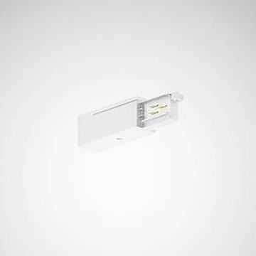 Rechteckige weiße elektrische Komponente mit Metallkontakten, möglicherweise ein Stecker, vor einem einfachen Hintergrund.