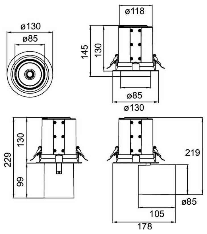 Technische Zeichnung eines zylindrischen Teils mit Vorder- und Seitenansicht, die wichtigsten Abmessungen zeigen ø130, ø118, ø85, 145, 229, 219, 178, 105 und 99.