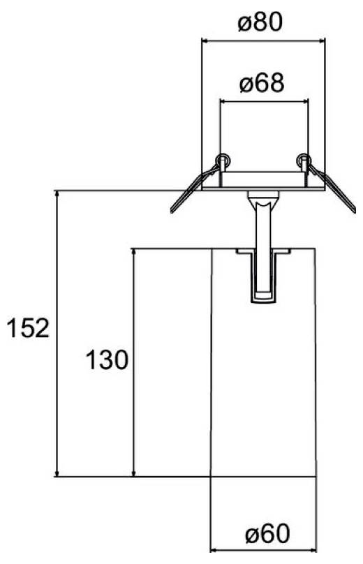 Technisches Dimensionsschema einer eingelassenen Leuchte mit einer Gesamthöhe von 152 mm, Ausschnitt ø60 und oberen Durchmessern von ø68 und ø80.