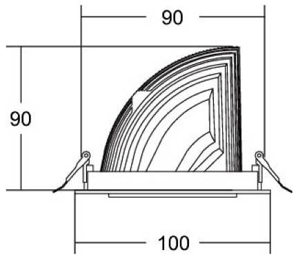 Diagramm eines gekrümmten, geschichteten Stapels von Blättern oder Platten in einem Halter, mit Abmessungen von 90 Höhe, 90 Breite und 100 Basisbreite.