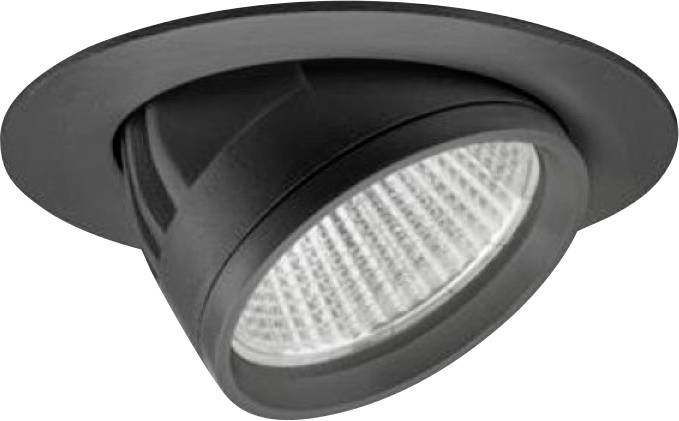 Schwarze versenkte verstellbare LED-Einbauleuchte in einer runden Deckenleiste, winkelig ausgerichtet, um das Licht nach unten zu lenken.