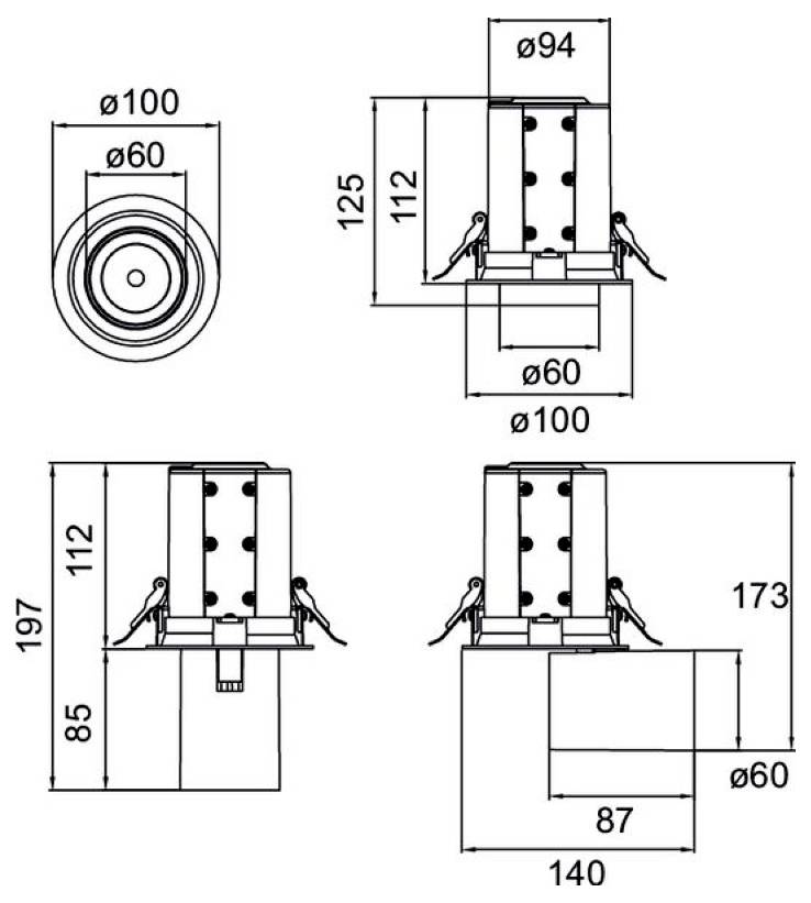 Technische Maßstabszeichnung eines zylindrischen Maschinenteils mit Vorder- und Seitenansicht, die Durchmesser ø60, ø94, ø100 und Höhen 112, 125, 173, 197 sowie Basisabmessungen 87 und 140 zeigt.
