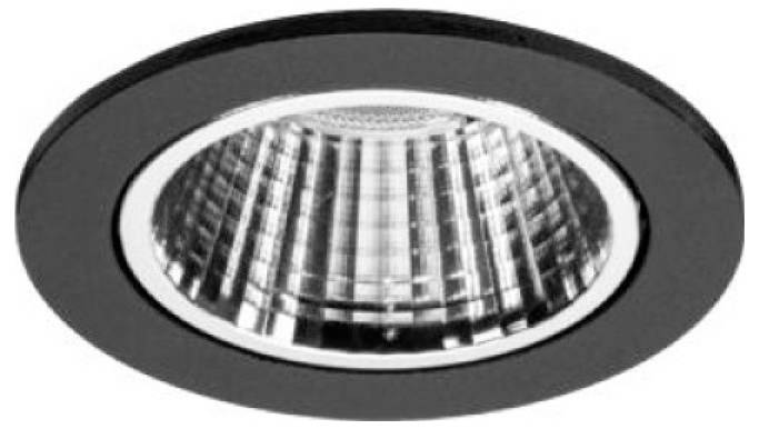 Schwarze bündige Deckenleuchte mit reflektierendem inneren Rahmen und geripptem metallischem Reflektor.