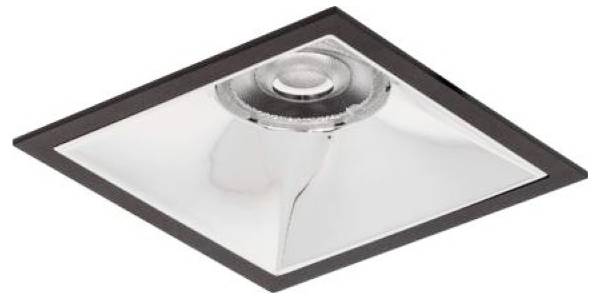 Quadratische Einbauleuchte mit reflektierendem Kegel und zentraler Öffnung für die Glühbirne, dargestellt auf weißem Hintergrund.