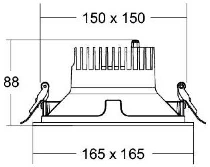 Technische Zeichnung einer quadratischen Deckenleuchte mit den Abmessungen 150 x 150, 165 x 165 und 88, mit seitlichen Federclips und Kühlrippen.